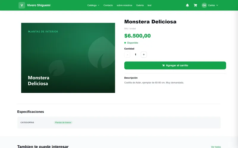 Ficha de un producto con precio, stock y botón agregar al carrito